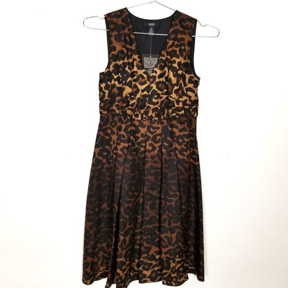 Alfani Women's Black/Brown Cheetah Leopard Silk Dress Size 4 Perite Pleated - Picture 1 of 8